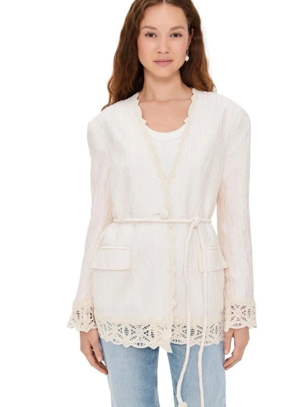 Sabina Musayev Cream Lace-Trim Belted Blazer